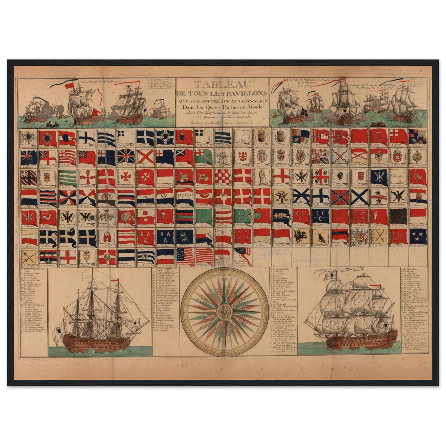 18th-century French maritime poster with ship flags, compass design, and sailing vessels. Perfect for map lovers, collectors of vintage French prints, and nautical wall art fans.