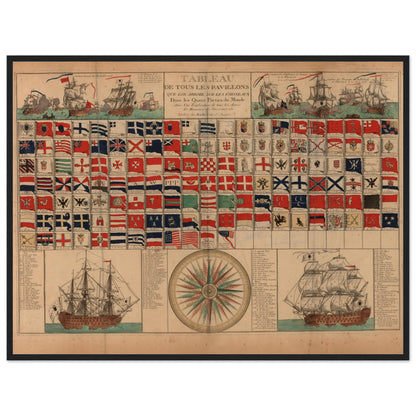 18th-century French maritime poster with ship flags, compass design, and sailing vessels. Perfect for map lovers, collectors of vintage French prints, and nautical wall art fans.