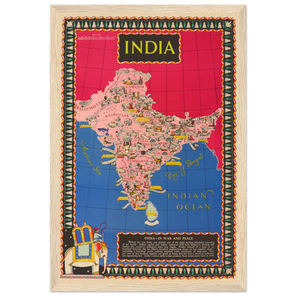 1944 antique-style India map poster featuring hand-drawn landmarks and Indian Ocean labels