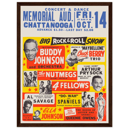 1950s music poster celebrating rock and roll legends — Chuck Berry, Buddy Johnson, and classic R&B acts from the golden era.