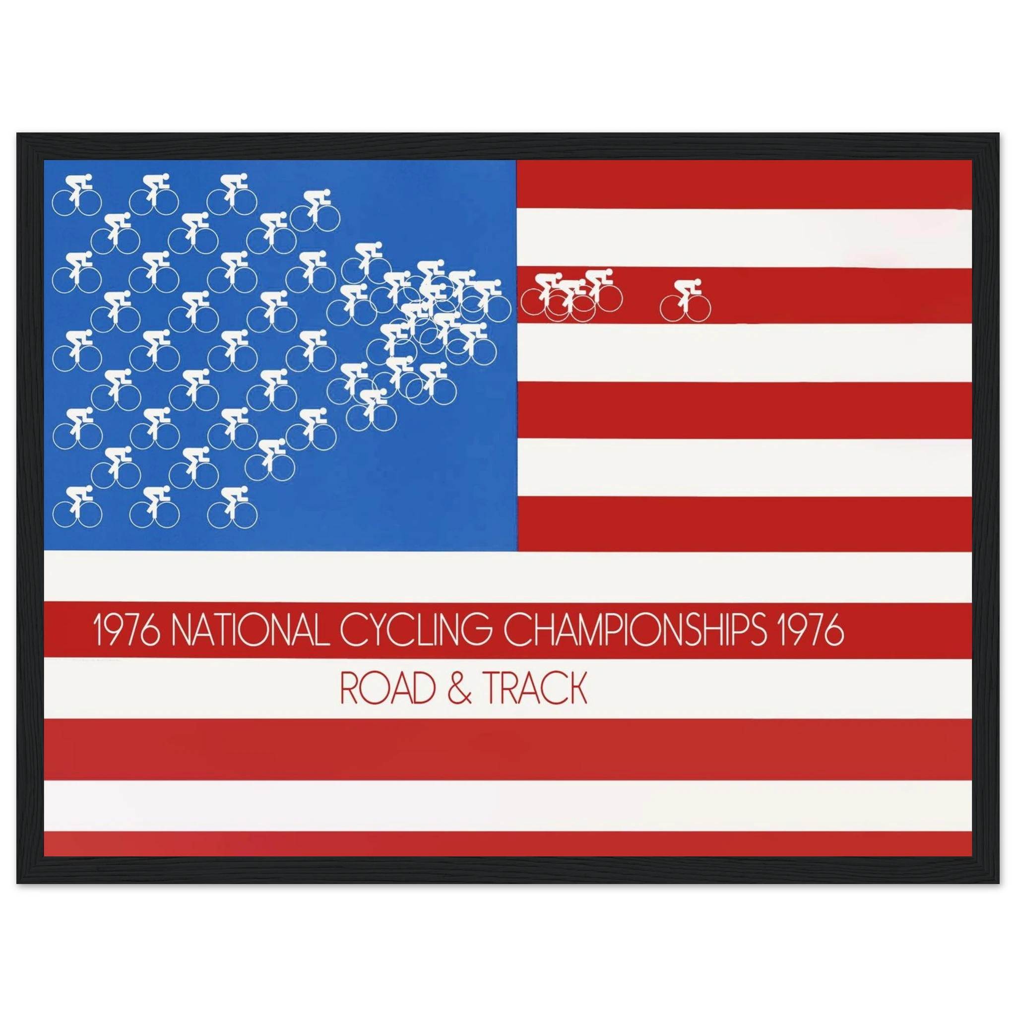 Commemorate a pivotal year in American cycling history with this stunning 1976 National Cycling Championship poster, featuring both road and track racing scenes, accented by the iconic American flag. This vintage print honors the spirit of competition, endurance, and patriotism, capturing the pride and passion of the sport during the mid-70s. Perfect for cycling enthusiasts, retro sports memorabilia collectors, and fans of American athletic achievements, this poster makes an exceptional addition to your cyc