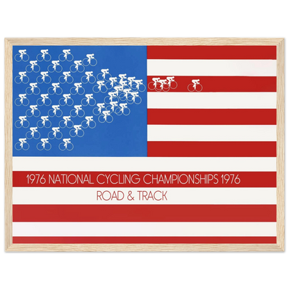 Vintage 1976 National Cycling Championship poster featuring American flag motifs and dynamic road and track racing artwork celebrating U.S. cycling heritage.