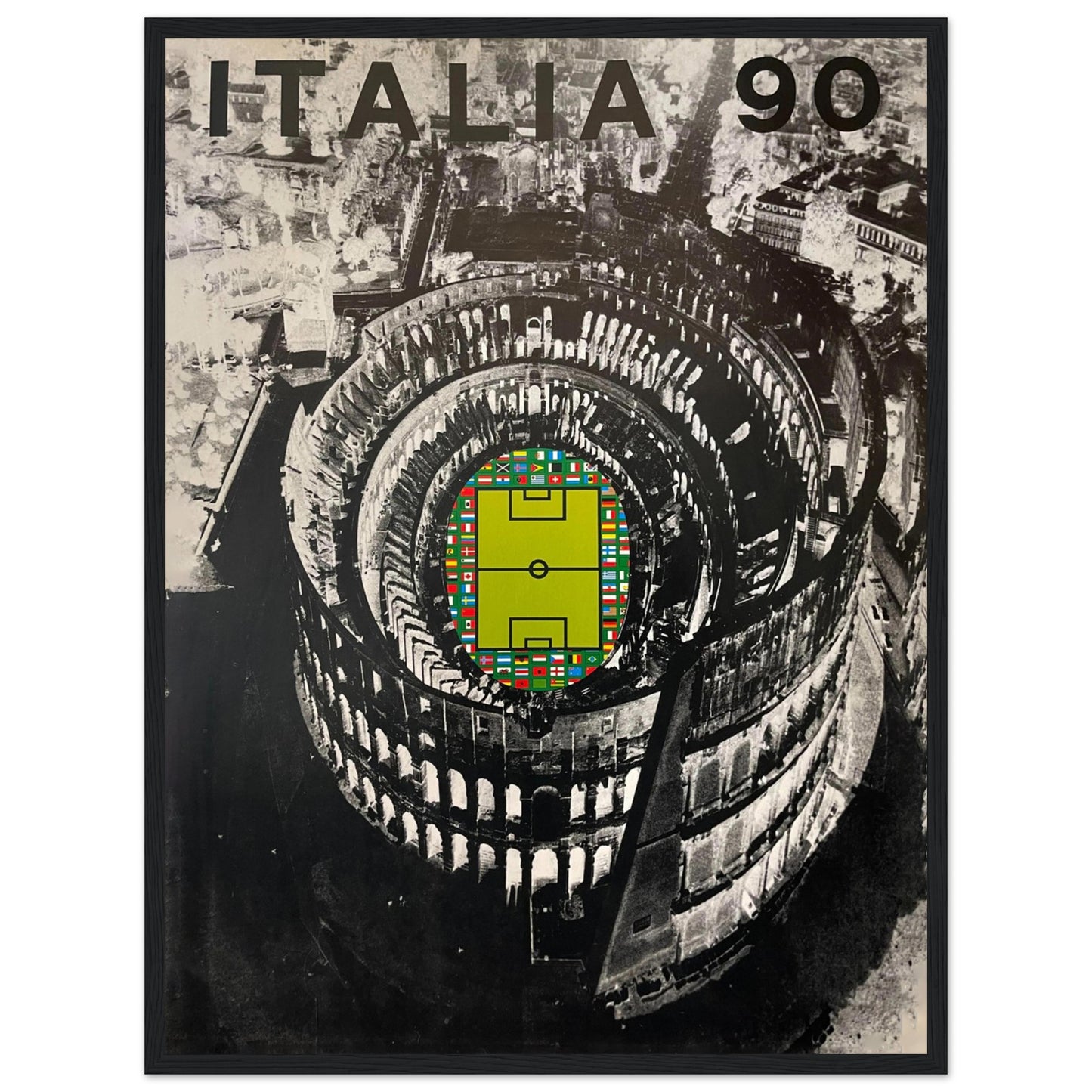 Retro football poster from the 1990 FIFA World Cup in Italy — colorful sports art for soccer enthusiasts and vintage decor lovers.