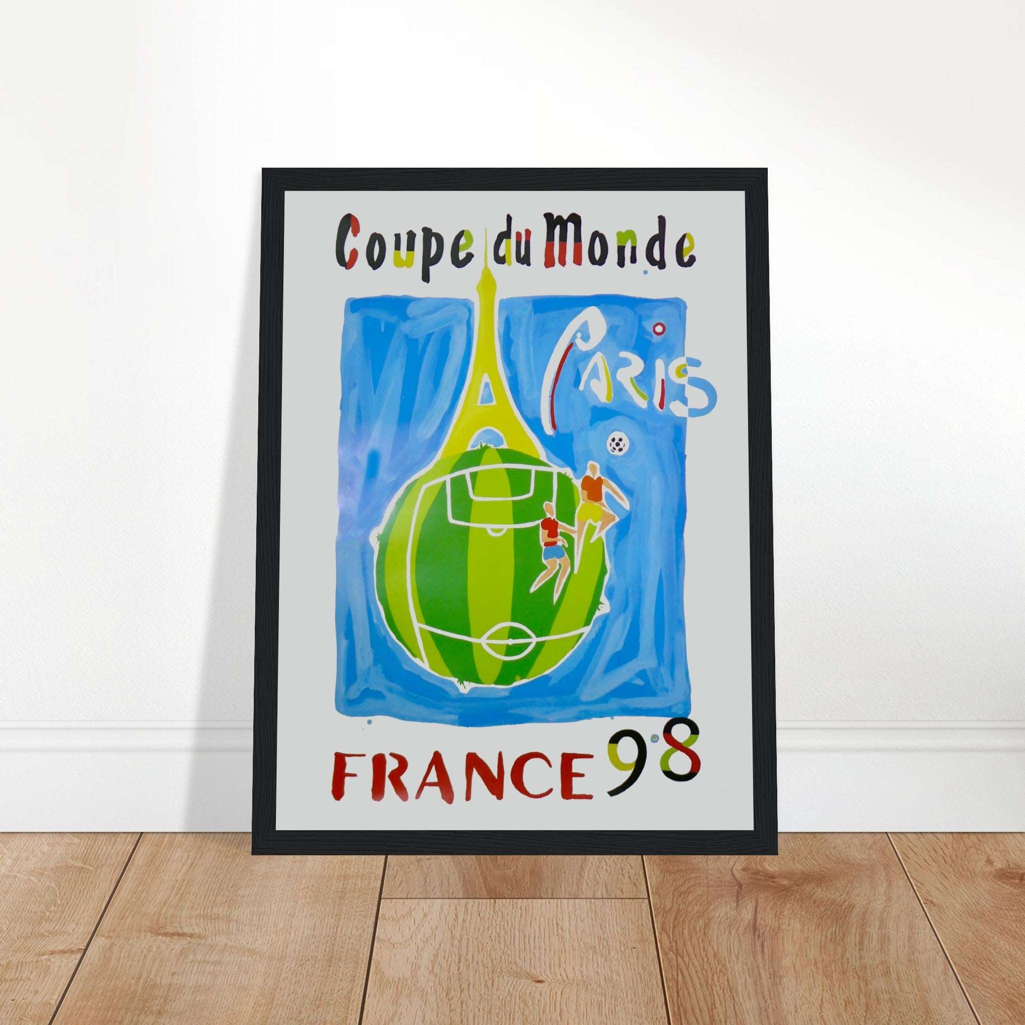 Celebrate the iconic victory with this France World Cup 1998 poster. Featuring vintage soccer art, it's perfect for football fans. Shop now and relive the moment!