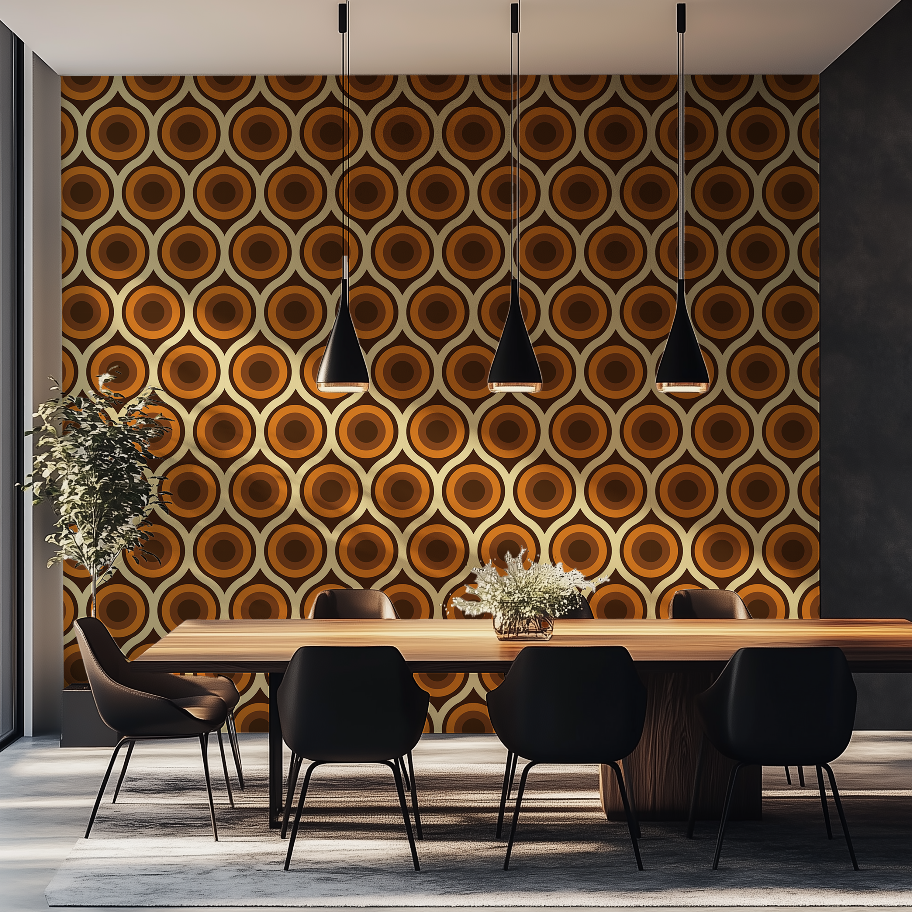 70s wallpaper featuring repeating concentric circles in warm brown and orange tones.