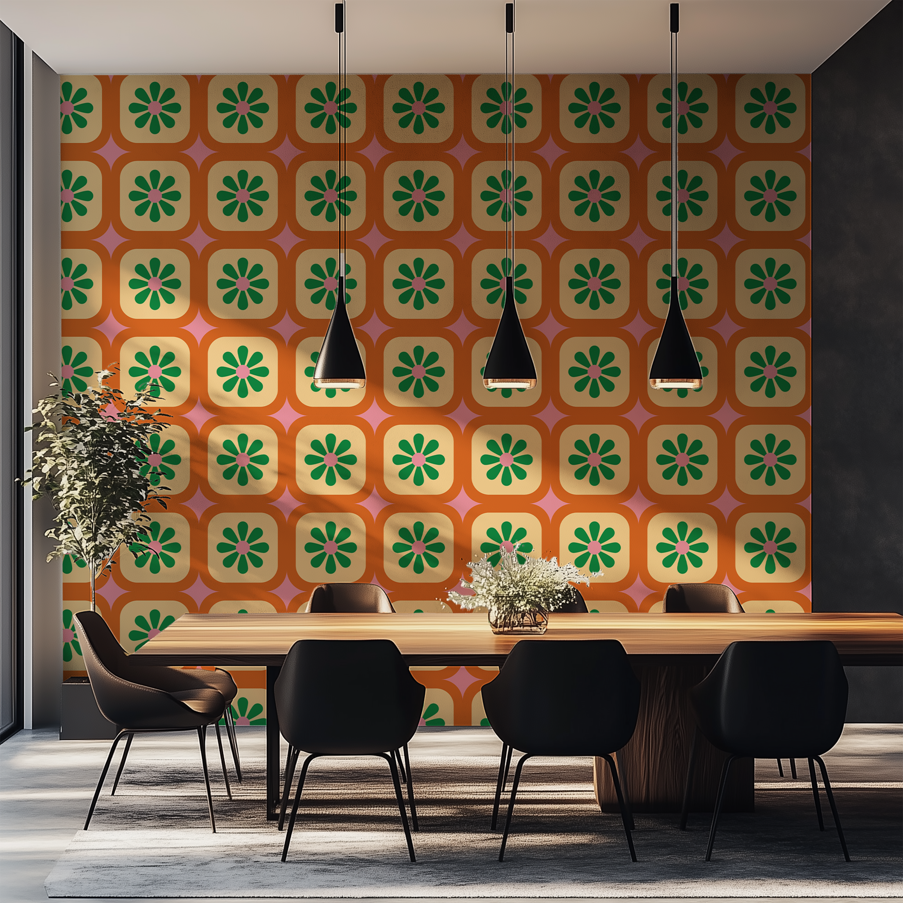 70s floral wallpaper with repeating geometric tile pattern in orange, green and cream.
