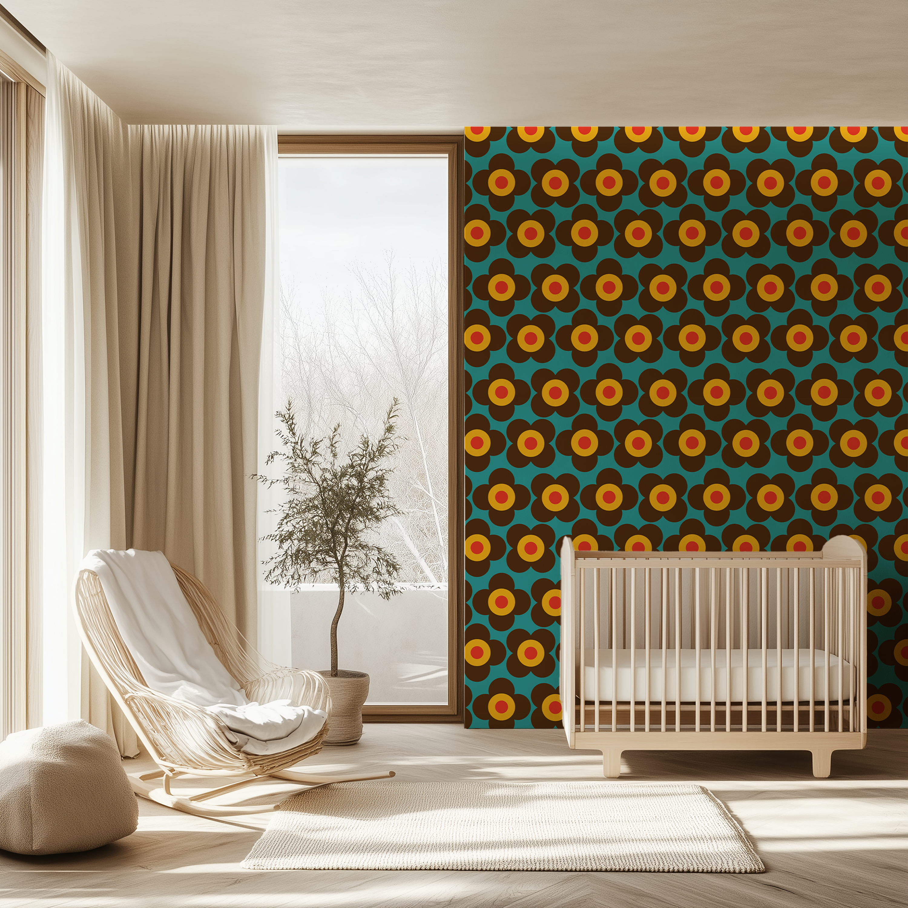 70s floral wallpaper with bold geometric flower motifs in mustard, brown and orange.