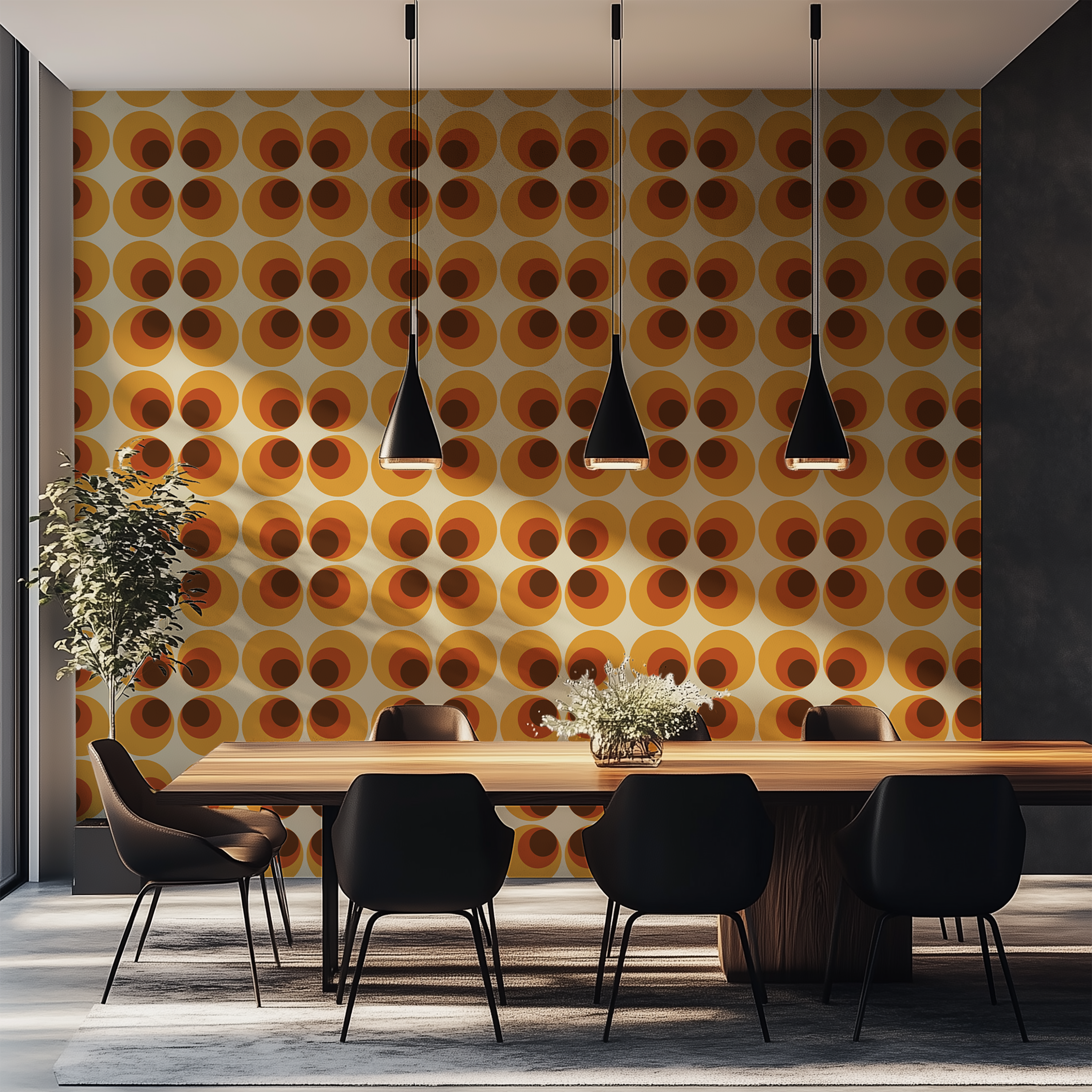 70s geometric wallpaper with overlapping circles in vintage earth-tone colours.