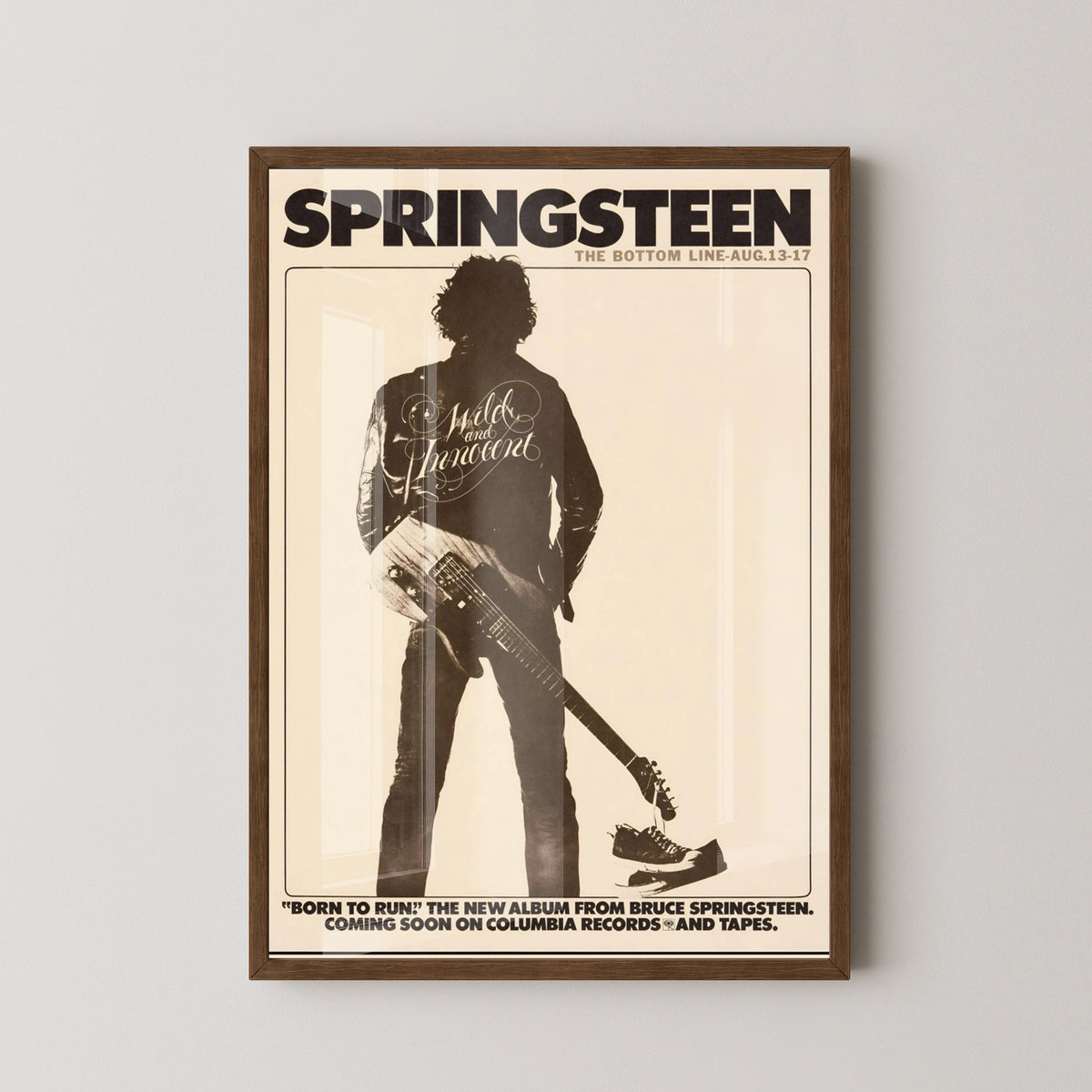 Bruce Springsteen Born to Run Poster – Rock Wall Art – dark wood frame mockup
