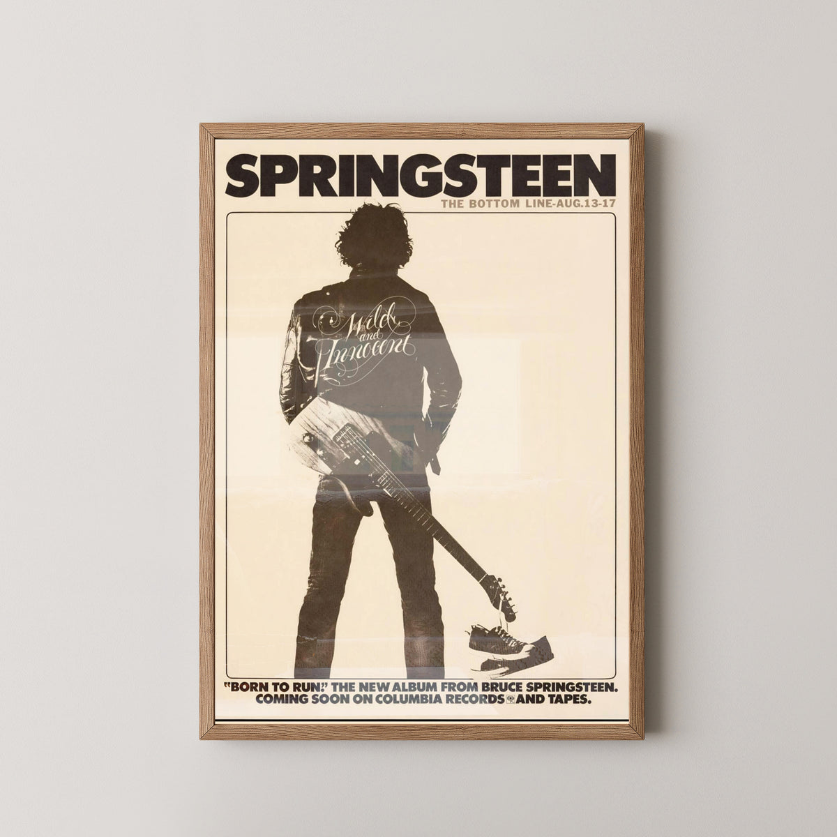 Bruce Springsteen Born to Run Poster – Rock Wall Art – light wood frame mockup