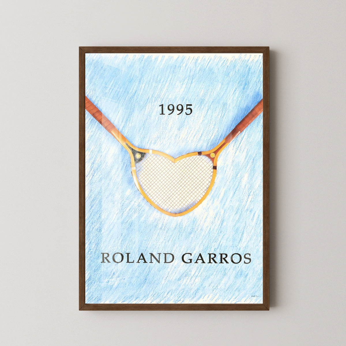 Roland Garros 1995 Poster – Vintage French Open Art – dark wood frame mockup