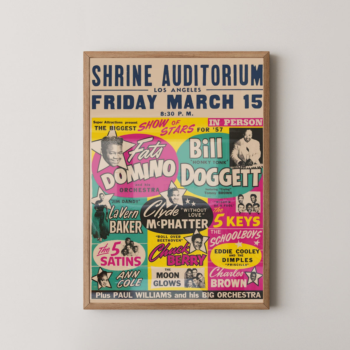 Chuck Berry & Fats Domino 1957 Concert Poster – light wood frame mockup