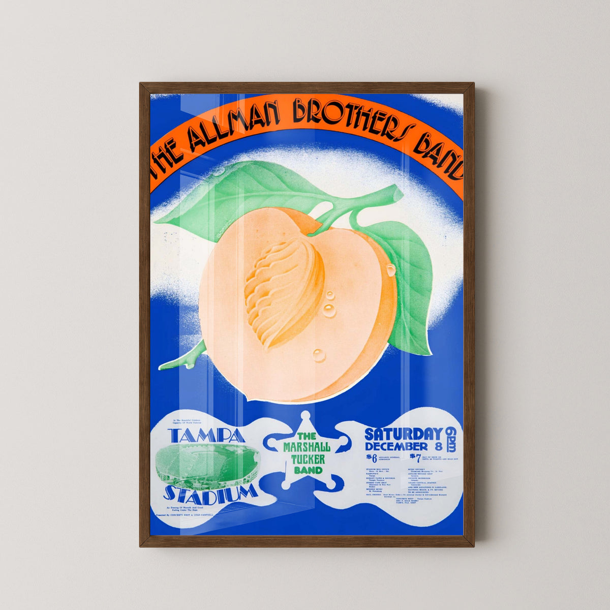 Allman Brothers Tampa 1973 Concert Poster – dark wood frame mockup