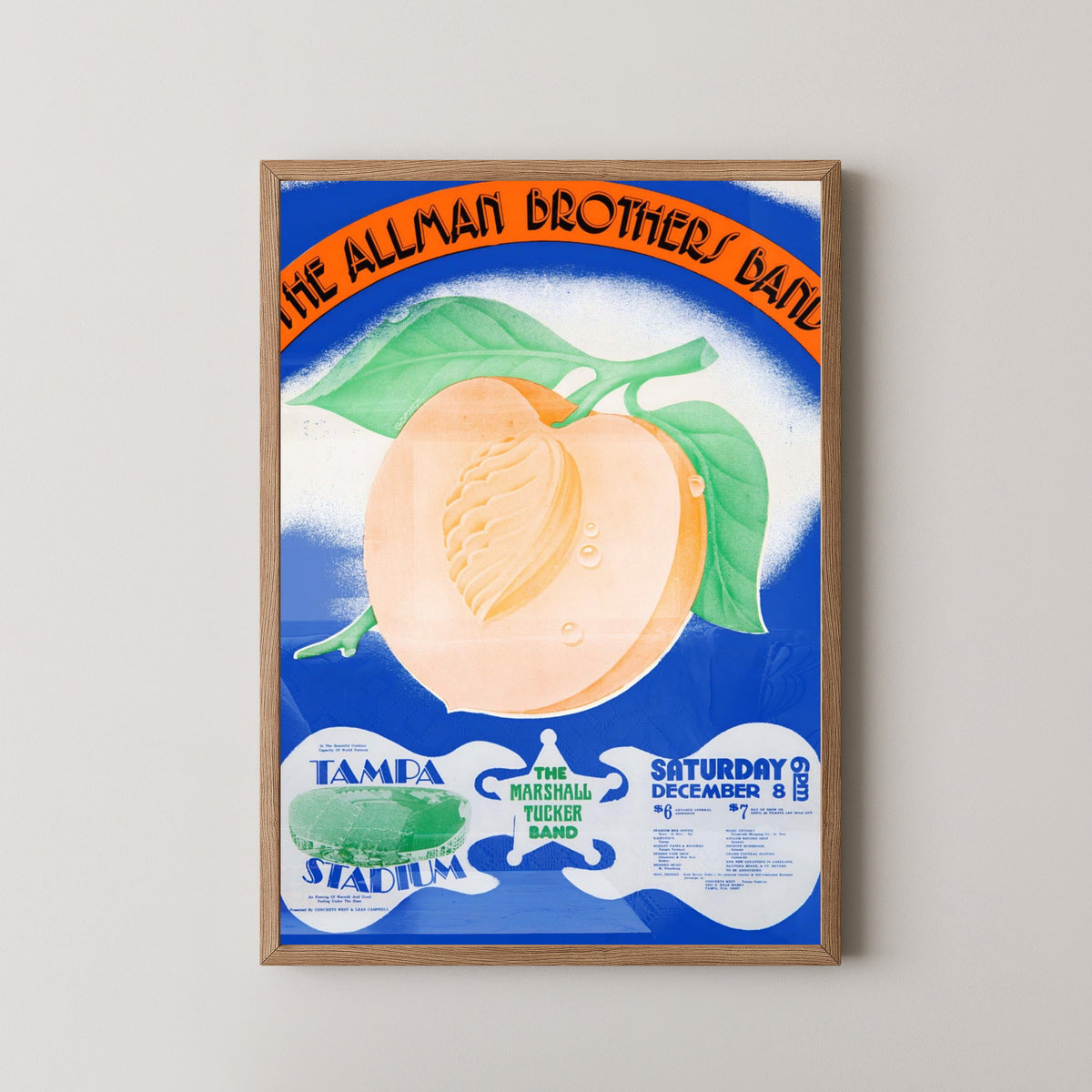 Allman Brothers Tampa 1973 Concert Poster – light wood frame mockup