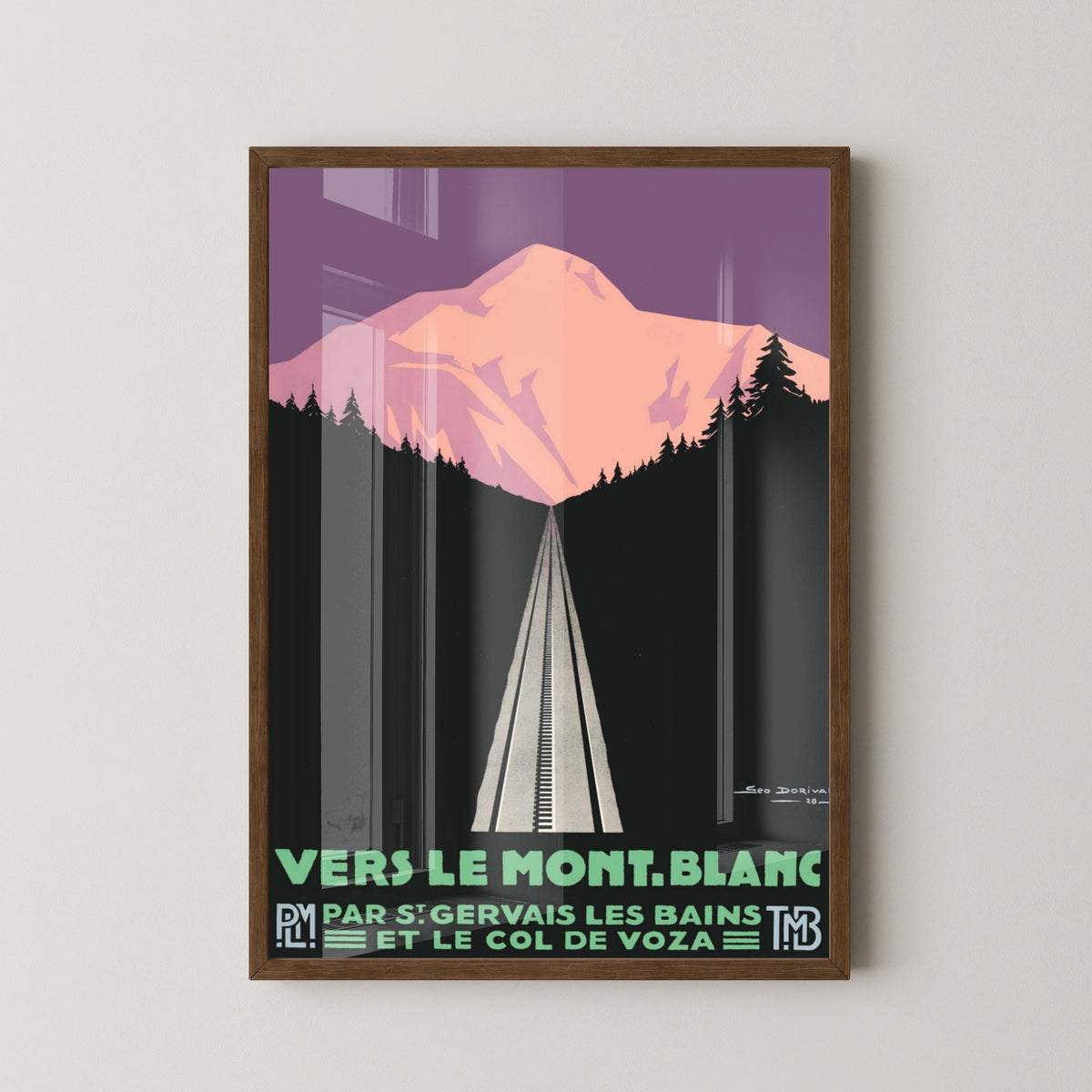 Mont Blanc Vintage Travel Poster – Alpine Mountain Art – dark wood frame mockup