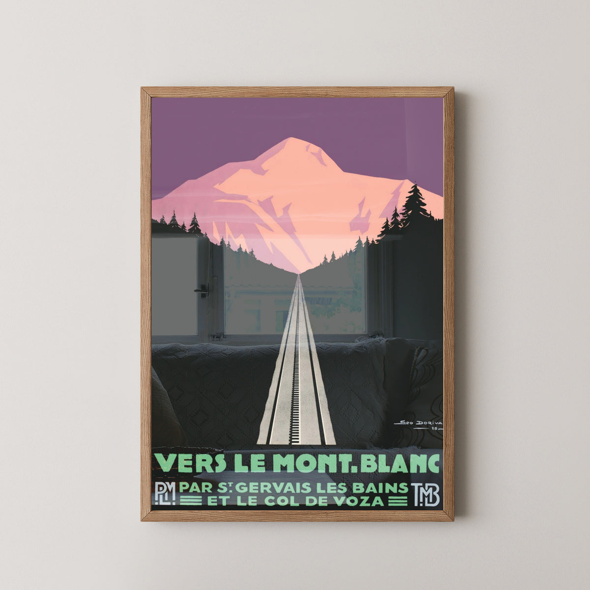 Mont Blanc Vintage Travel Poster – Alpine Mountain Art – light wood frame mockup