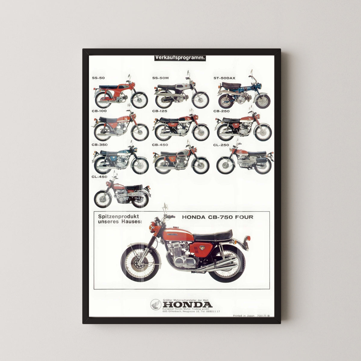 Honda CB Models Poster – Vintage Motorcycle Lineup – black frame mockup