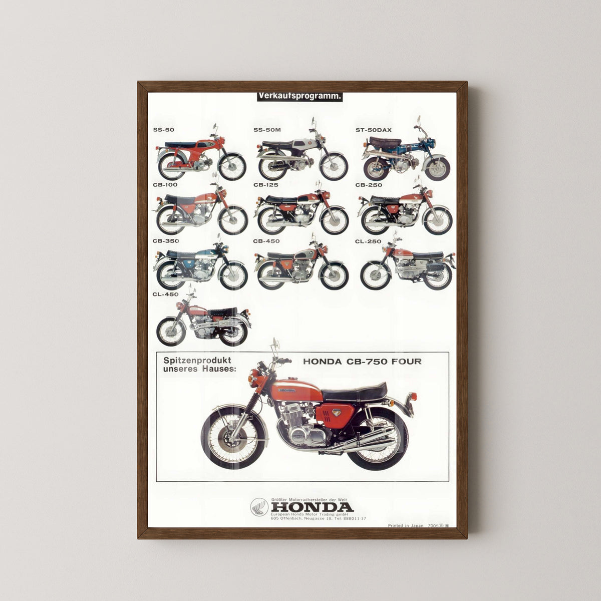 Honda CB Models Poster – Vintage Motorcycle Lineup – dark wood frame mockup