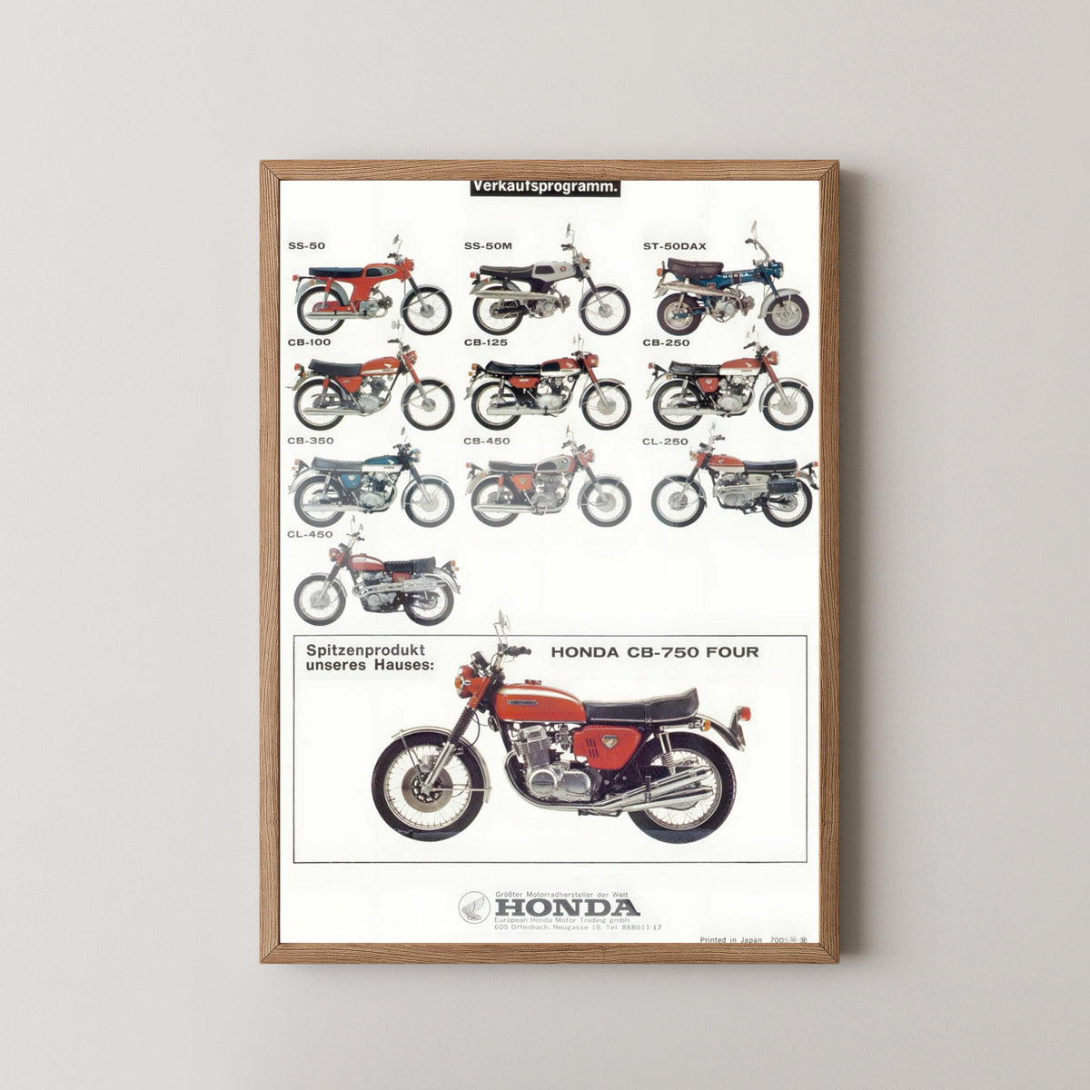 Honda CB Models Poster – Vintage Motorcycle Lineup – light wood frame mockup