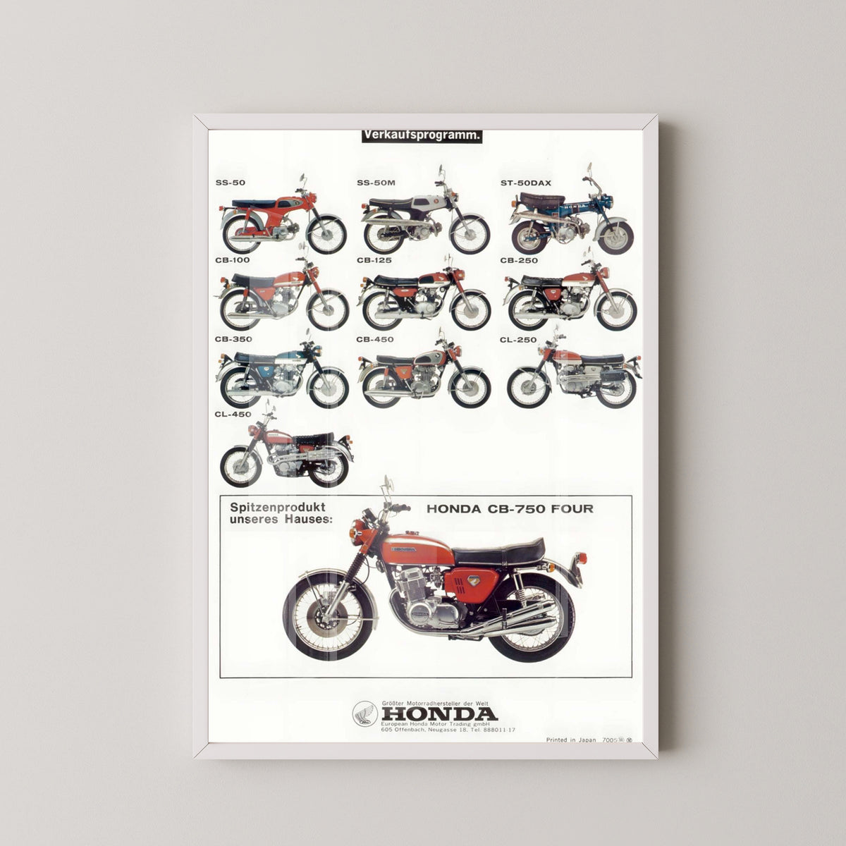 Honda CB Models Poster – Vintage Motorcycle Lineup – white frame mockup