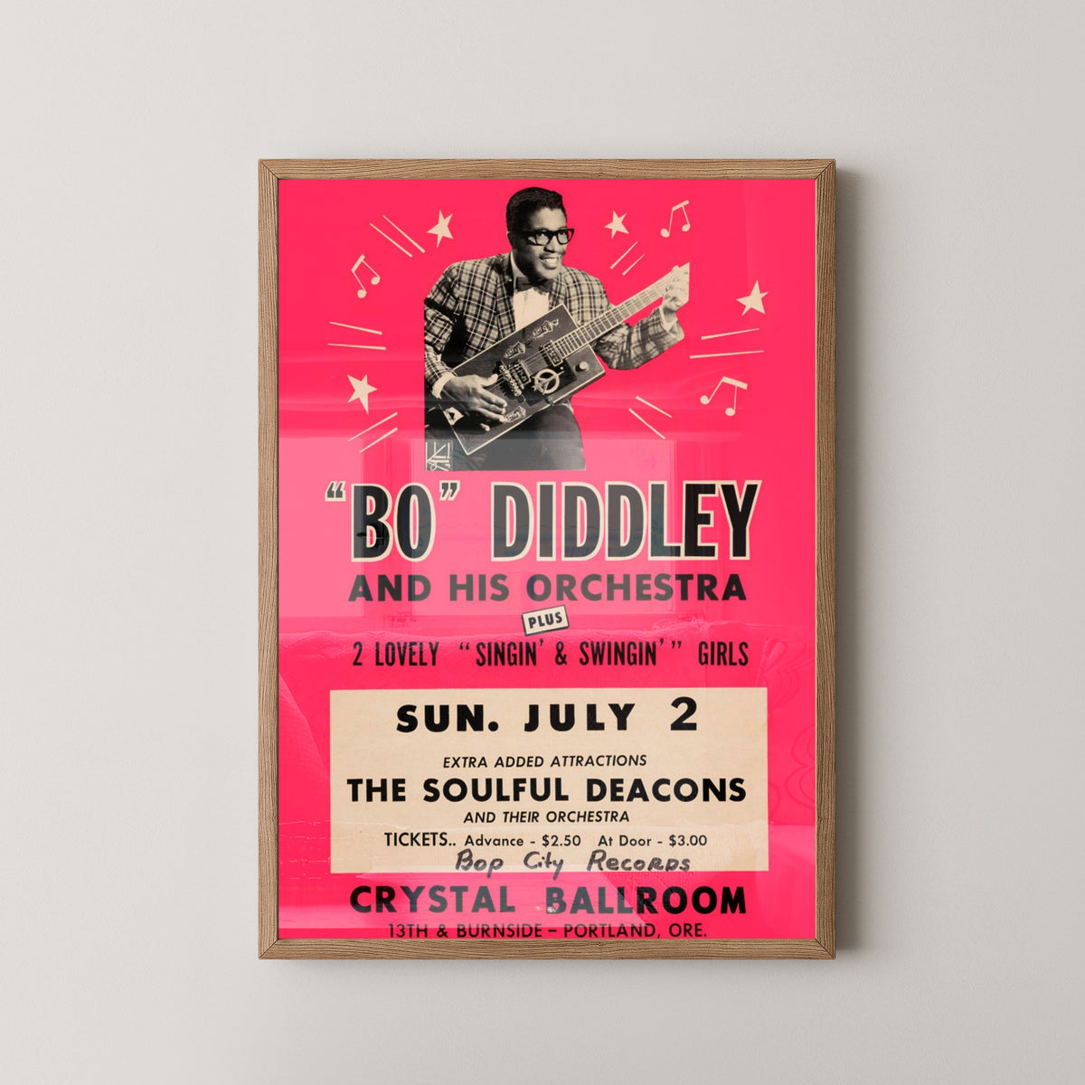 Bo Diddley Vintage Poster – Rock & Roll Music Art – light wood frame mockup