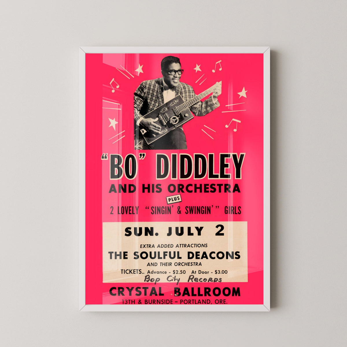 Bo Diddley Vintage Poster – Rock & Roll Music Art – white frame mockup