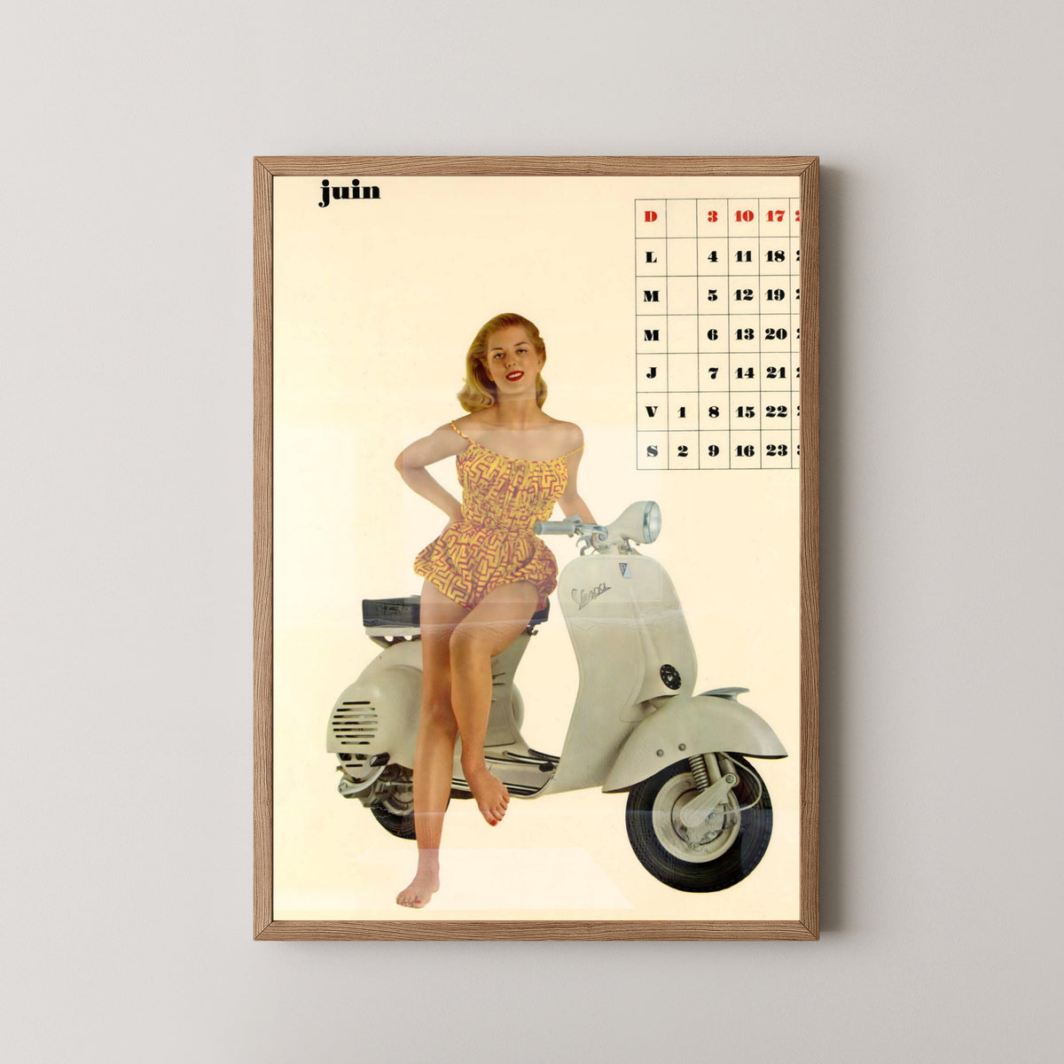 Vespa June Calendar Poster – Italian Scooter Art – light wood frame mockup