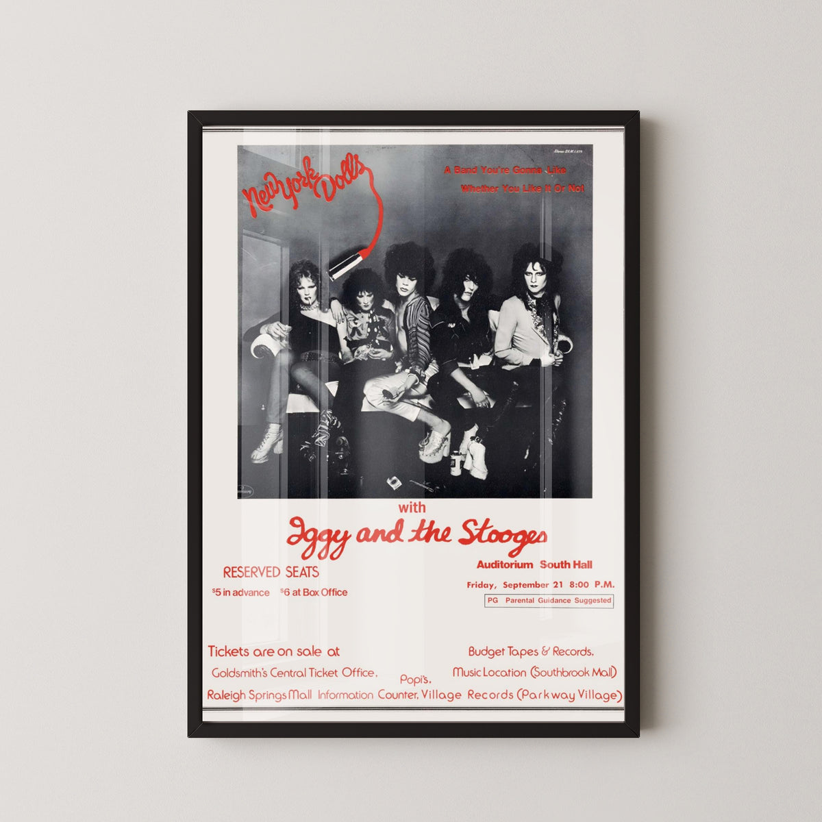 New York Dolls 1970s Concert Poster – Glam Punk Art – black frame mockup