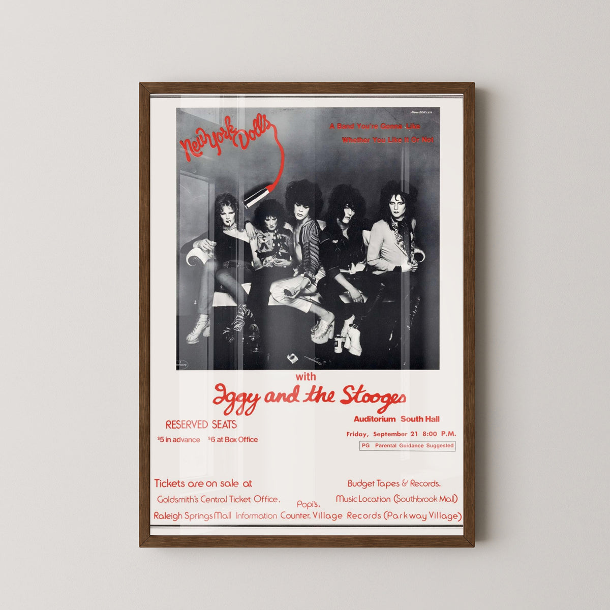 New York Dolls 1970s Concert Poster – Glam Punk Art – dark wood frame mockup