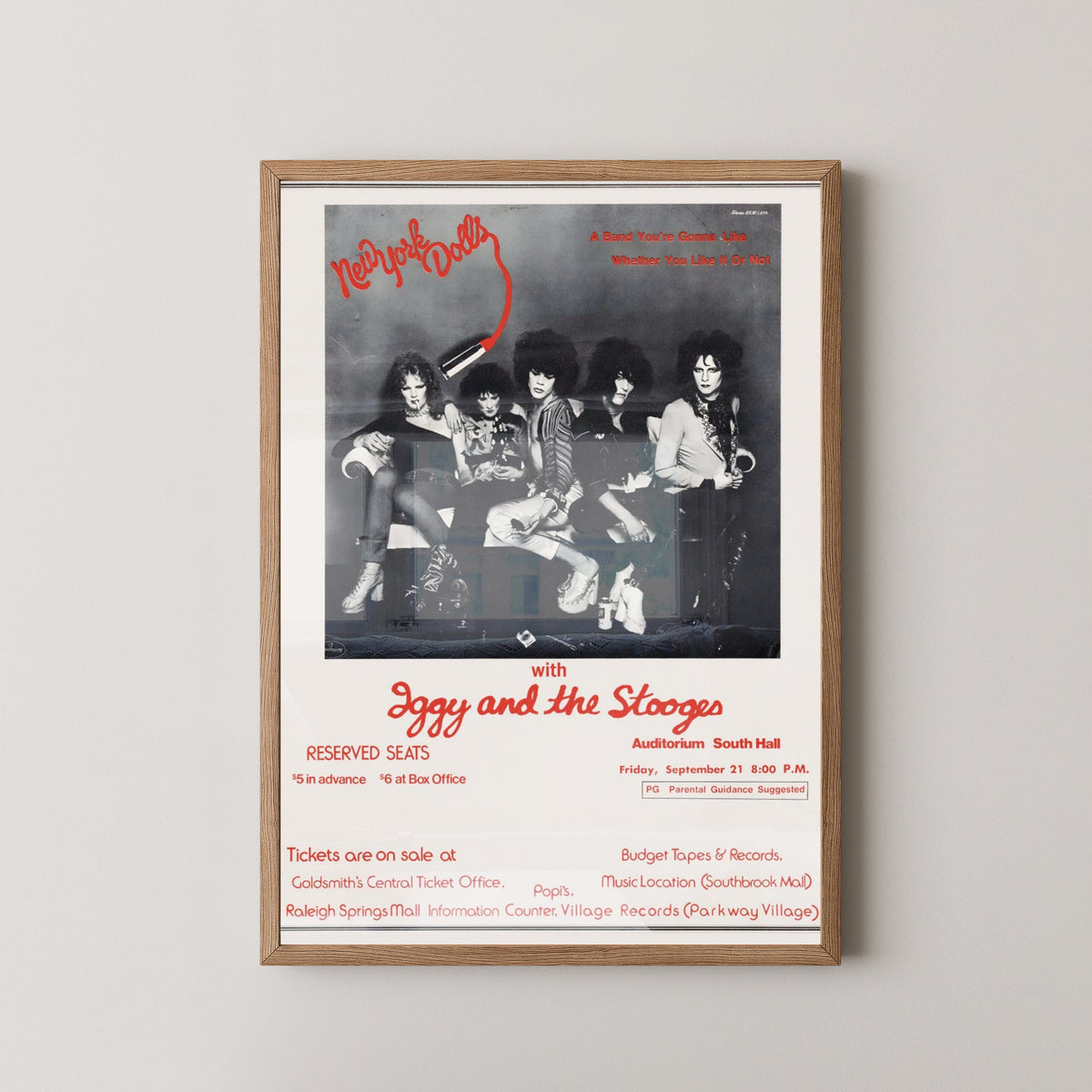 New York Dolls 1970s Concert Poster – Glam Punk Art – light wood frame mockup