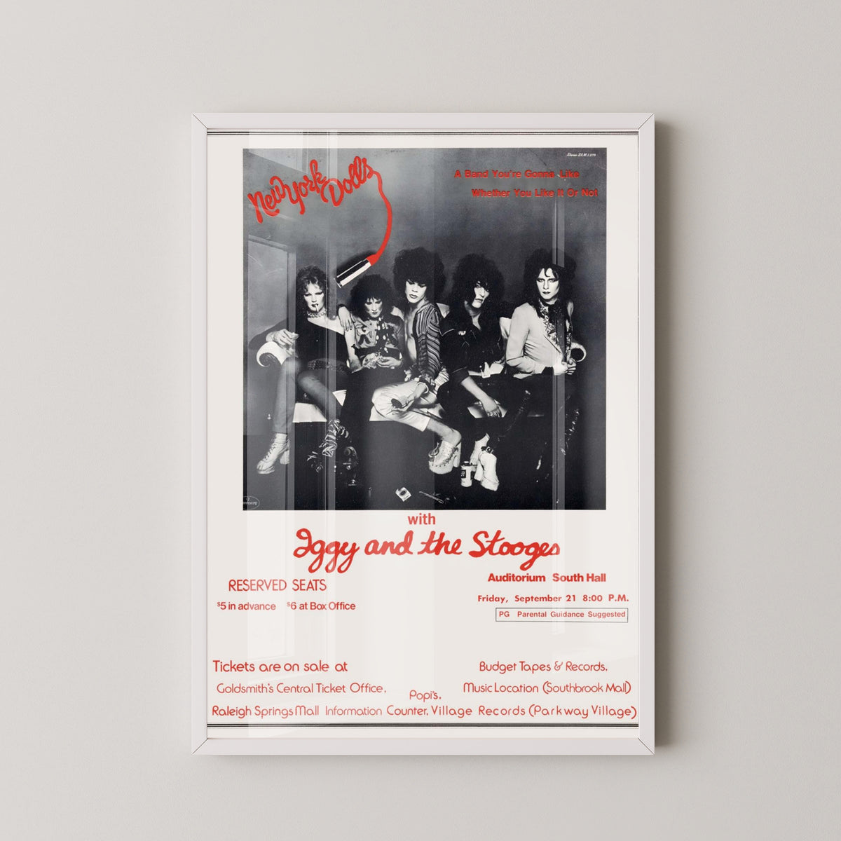 New York Dolls 1970s Concert Poster – Glam Punk Art – white frame mockup