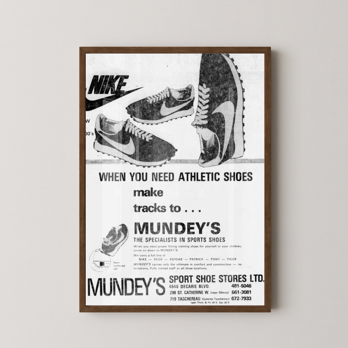 Nike Daybreak 1976 Advertisement Poster – dark wood frame mockup