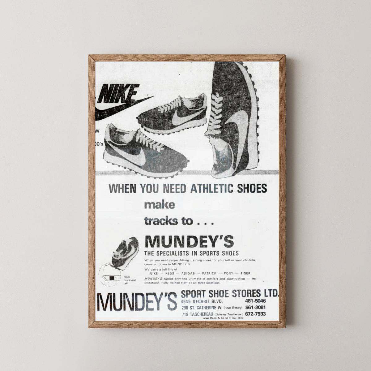 Nike Daybreak 1976 Advertisement Poster – light wood frame mockup