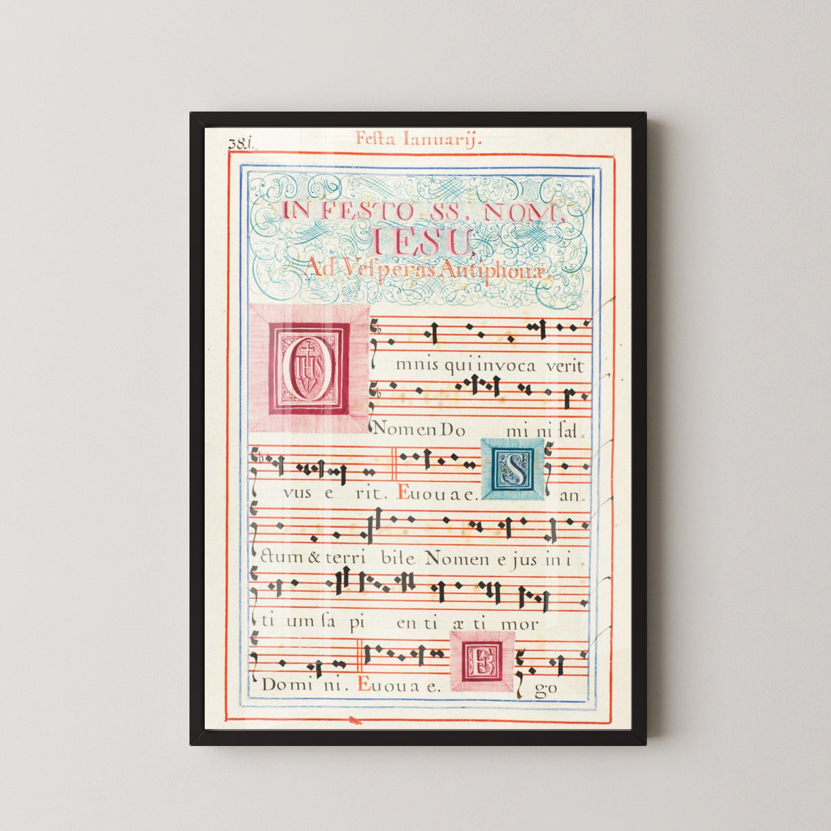 18th-Century Latin Antiphonary Print – Manuscript Art – black frame mockup