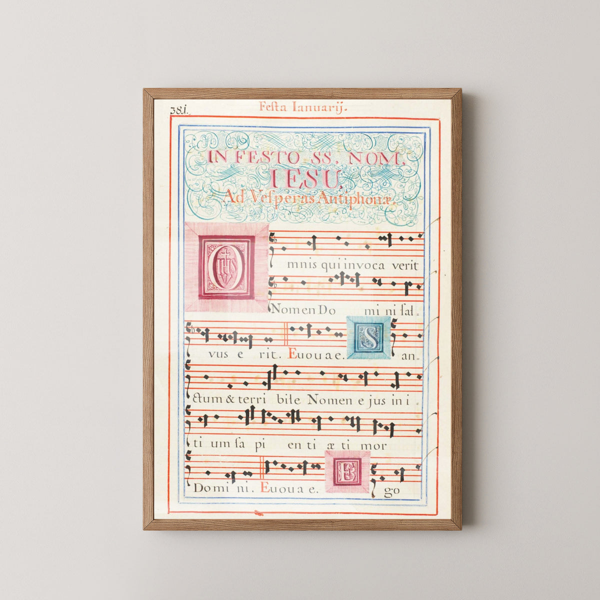 18th-Century Latin Antiphonary Print – Manuscript Art – light wood frame mockup