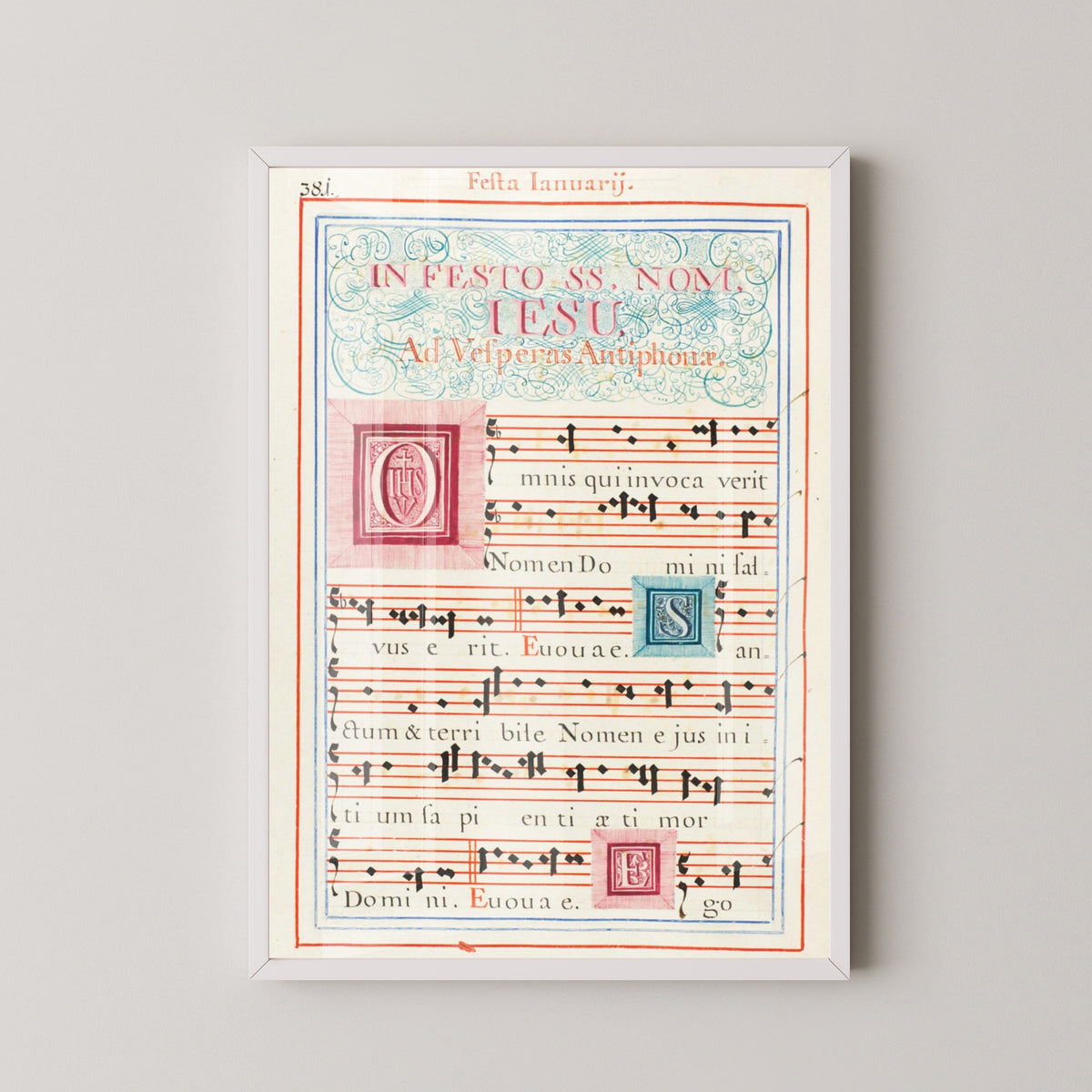 18th-Century Latin Antiphonary Print – Manuscript Art – white frame mockup