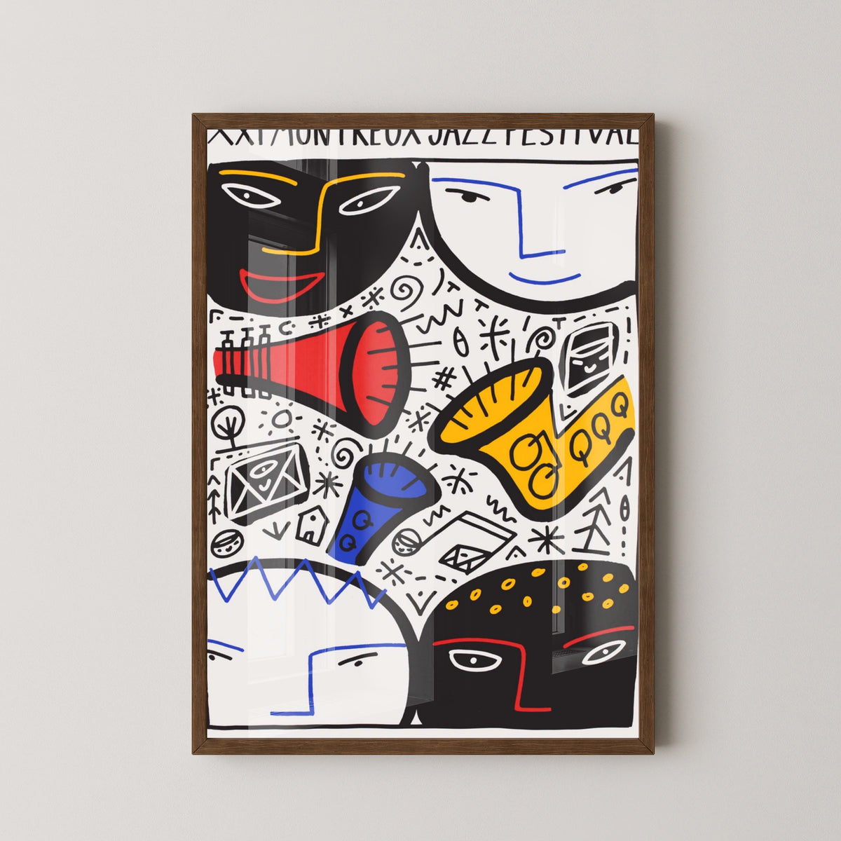 Montreux Jazz Festival 1987 Poster – Swiss Jazz Art – dark wood frame mockup