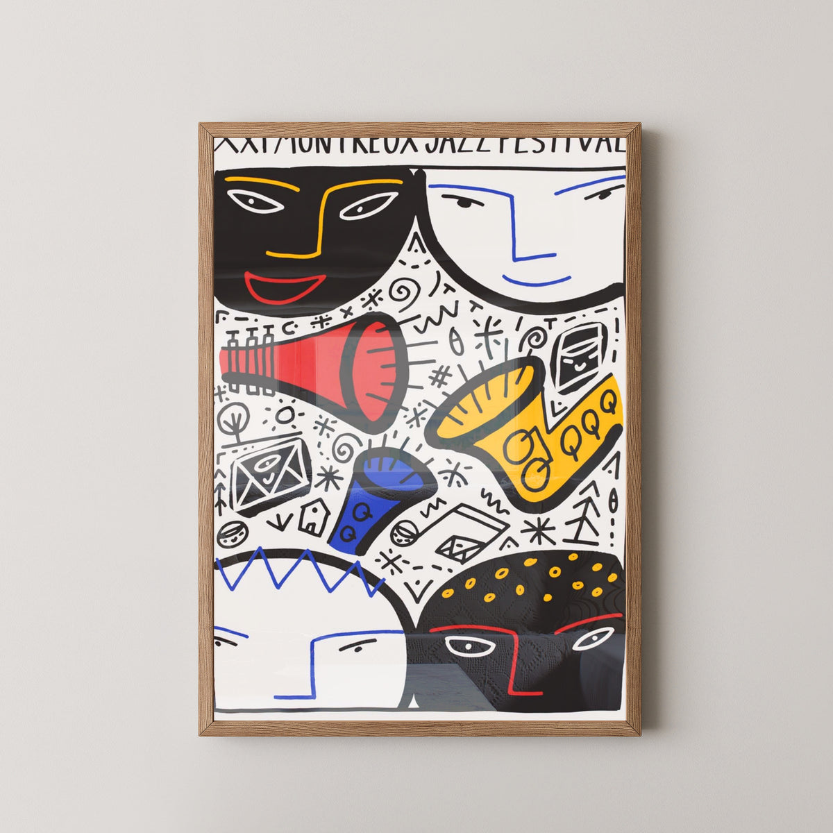 Montreux Jazz Festival 1987 Poster – Swiss Jazz Art – light wood frame mockup