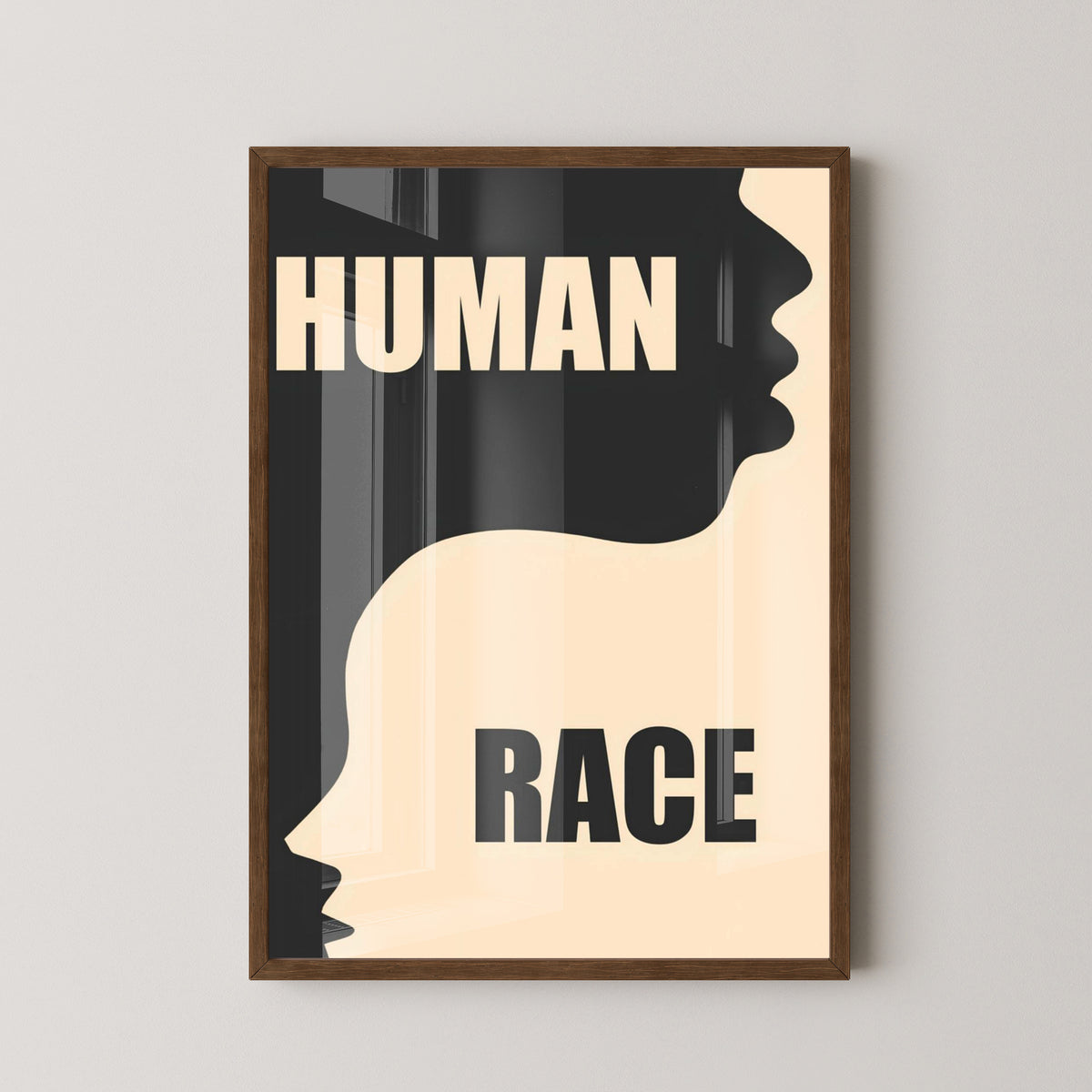 Human Race Yin Yang Symbol Poster – dark wood frame mockup