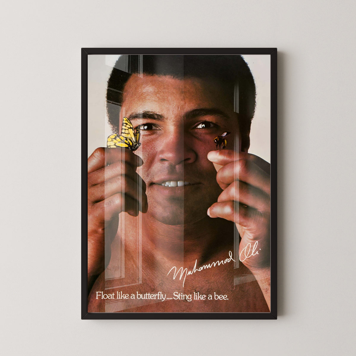 Muhammad Ali Float Like a Butterfly Quote Poster – black frame mockup