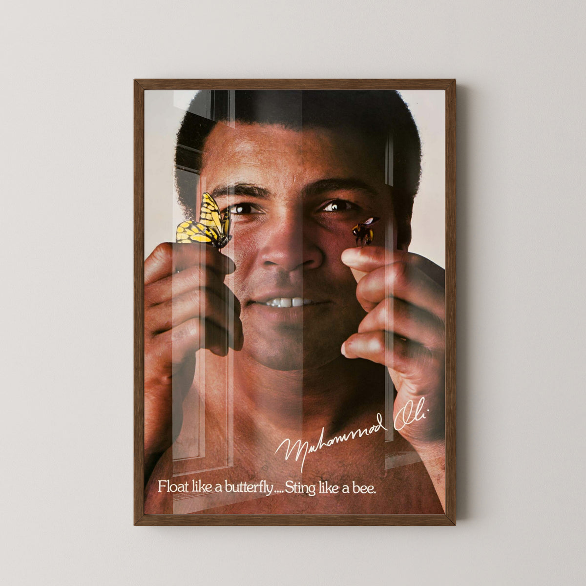 Muhammad Ali Float Like a Butterfly Quote Poster – dark wood frame mockup
