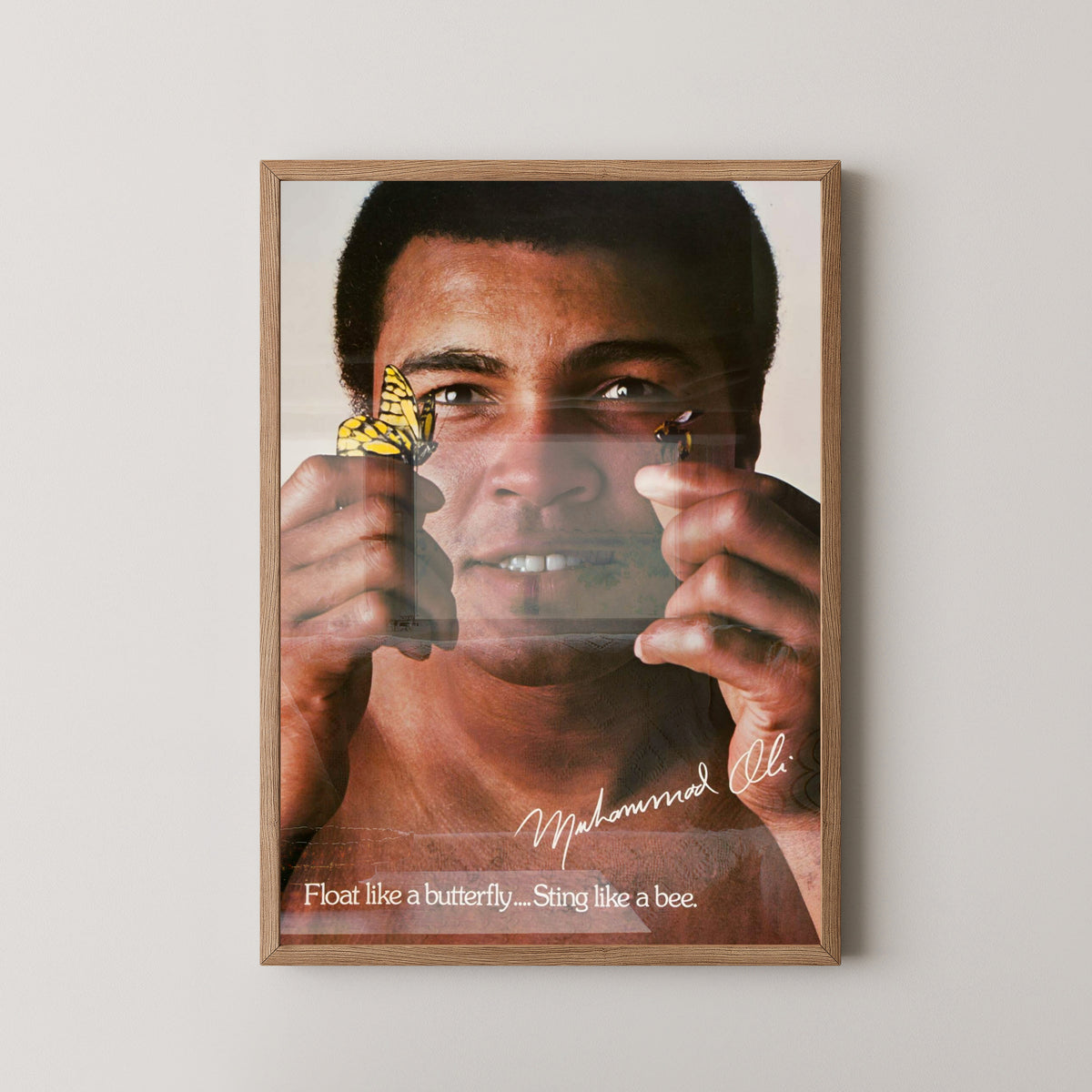 Muhammad Ali Float Like a Butterfly Quote Poster – light wood frame mockup