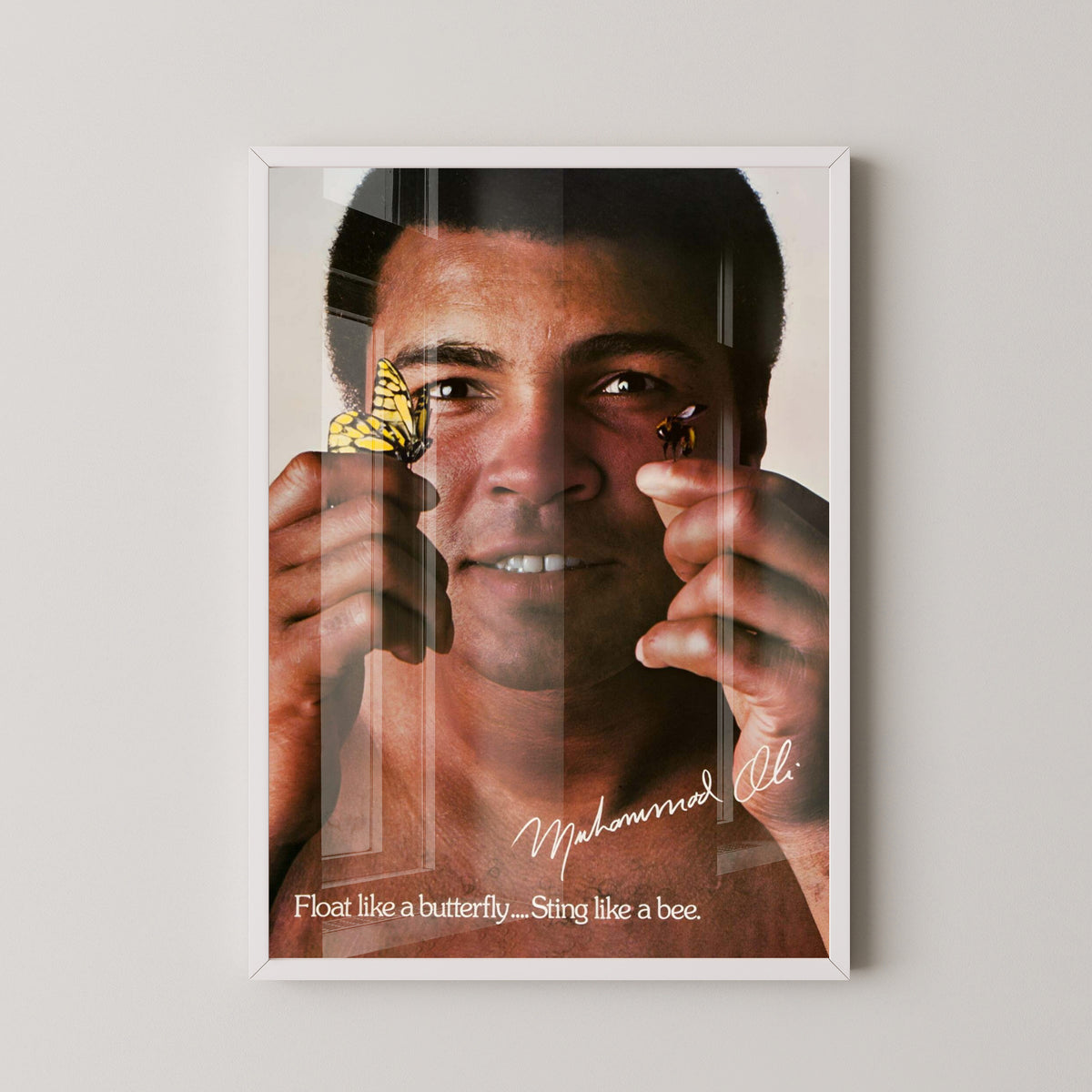 Muhammad Ali Float Like a Butterfly Quote Poster – white frame mockup