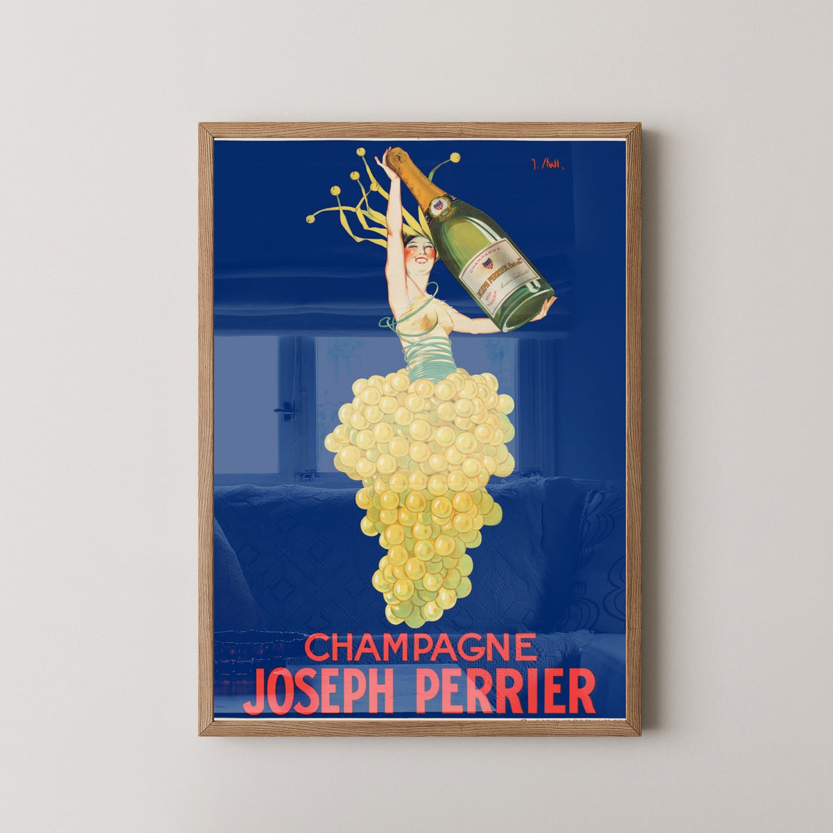 Joseph Perrier Champagne Poster | Vintage Bar Art – light wood frame mockup