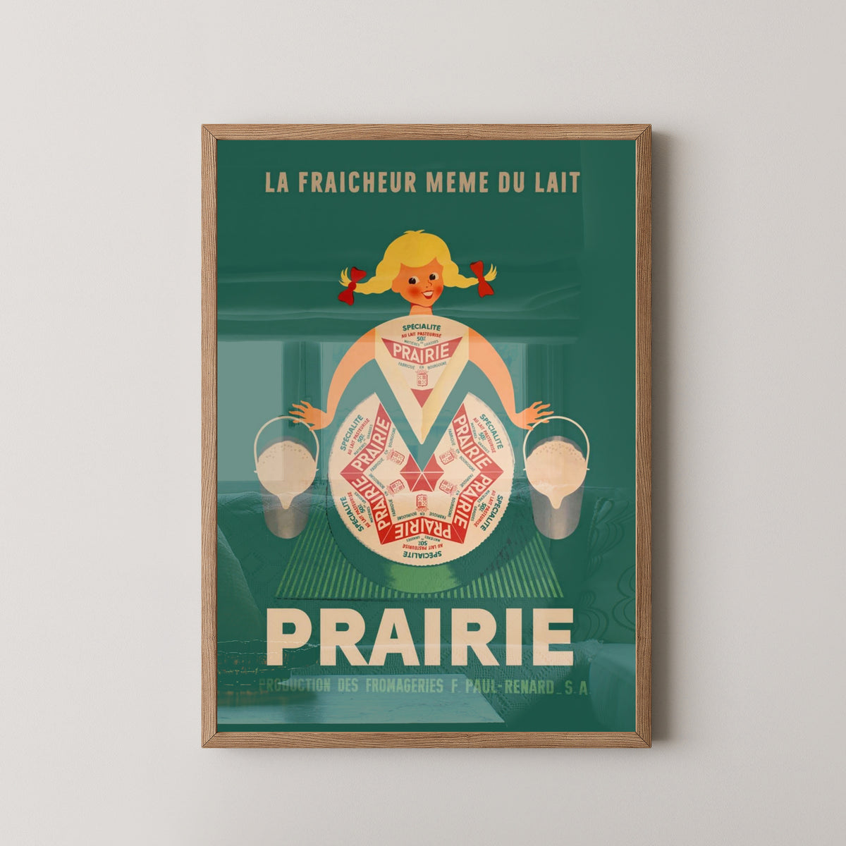 Prairie French Cheese Poster – Vintage Kitchen Art – light wood frame mockup