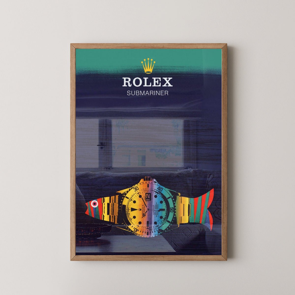 Rolex Submariner Retro Illustration Poster – light wood frame mockup