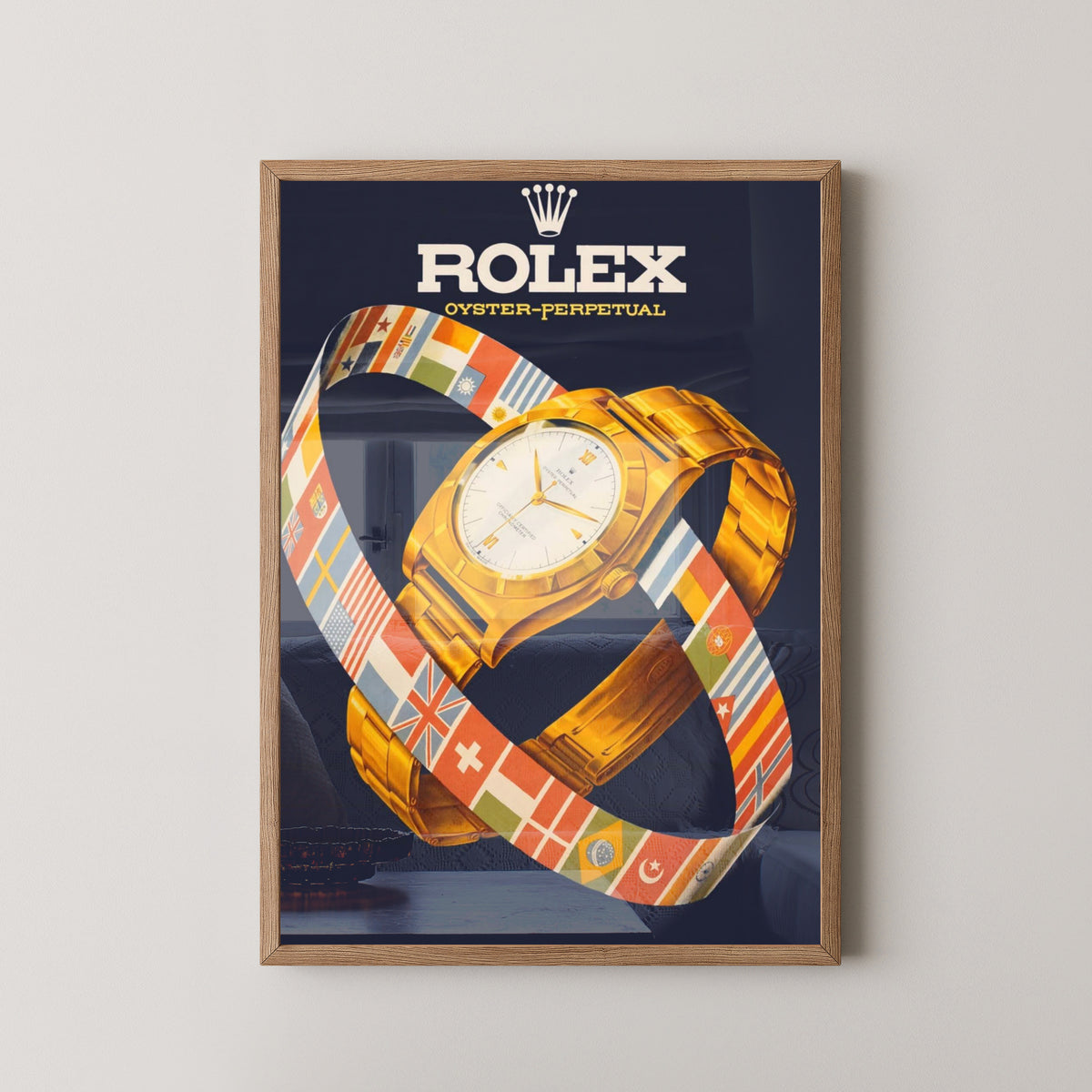 Rolex Oyster Perpetual Poster – Vintage Watch Art – light wood frame mockup