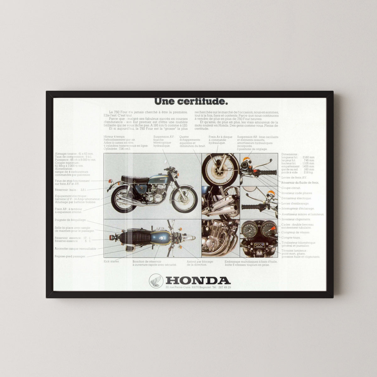Honda CB750 Four Technical Poster – Motorcycle Art – black frame mockup