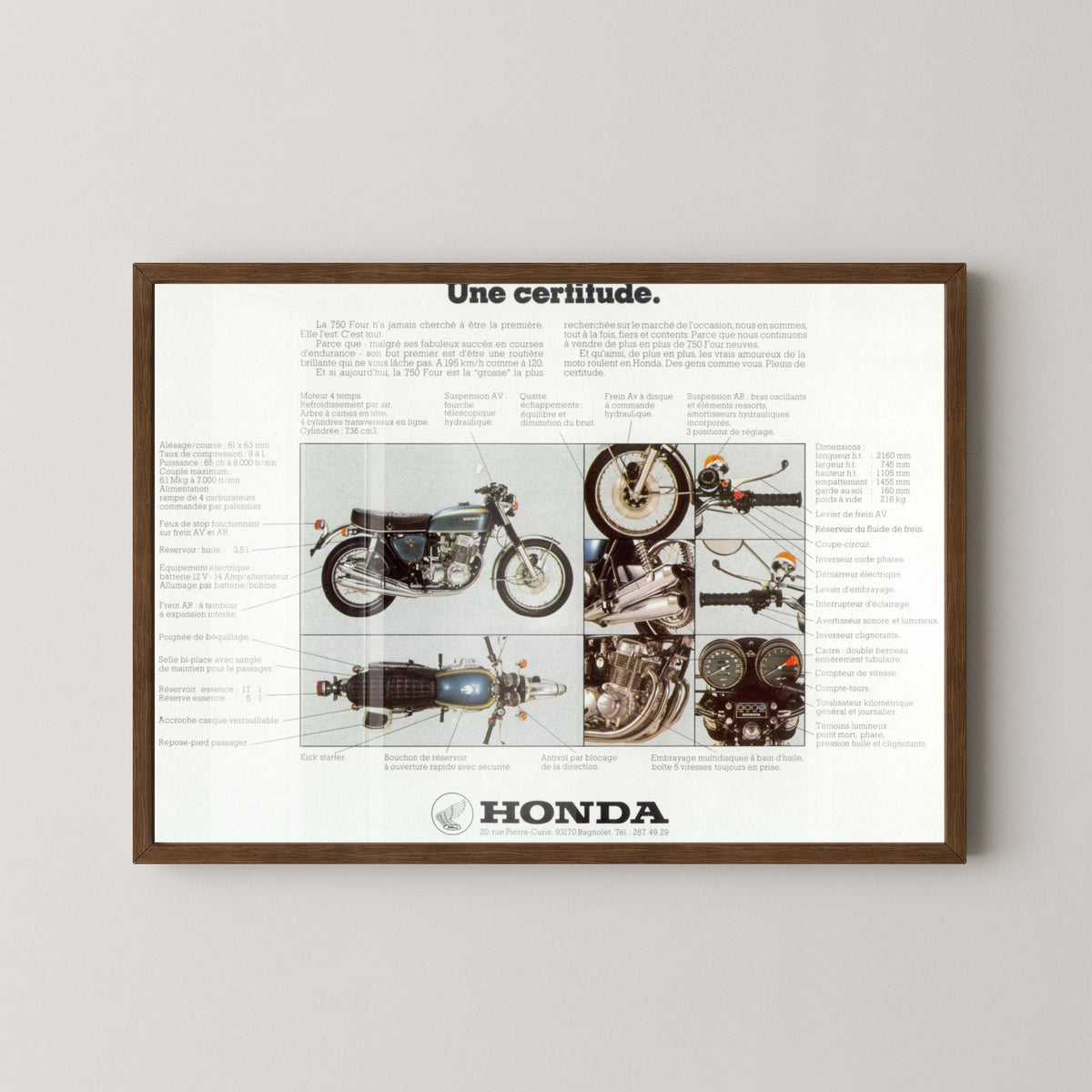 Honda CB750 Four Technical Poster – Motorcycle Art – dark wood frame mockup