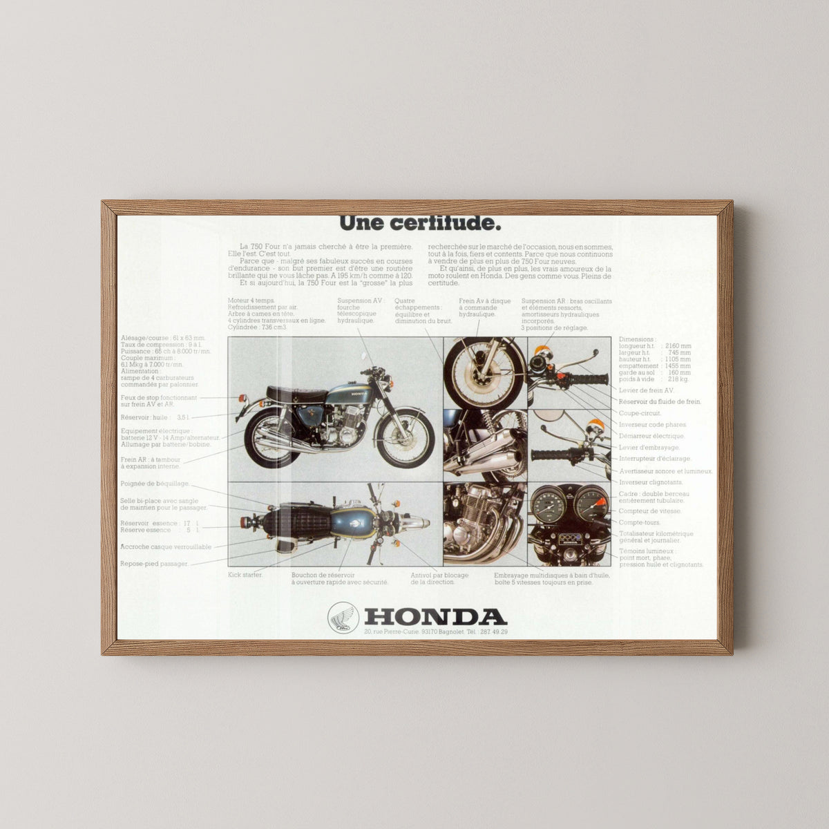 Honda CB750 Four Technical Poster – Motorcycle Art – light wood frame mockup